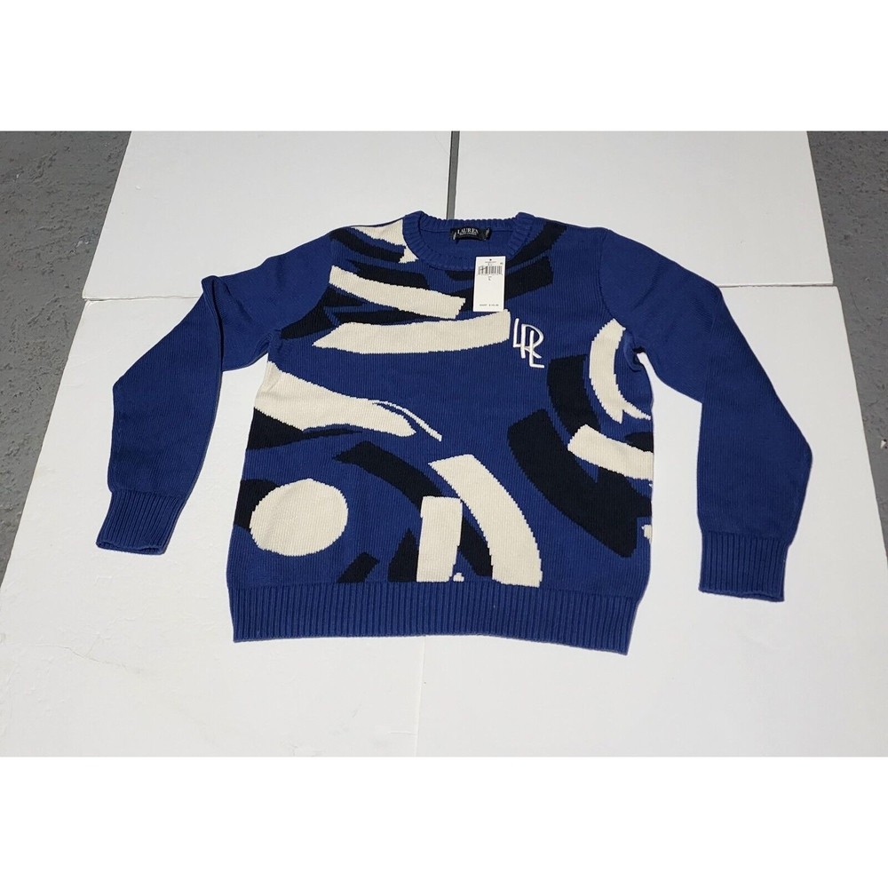New Lauren Ralph Blue Knit Women's Embroidered BIG LRL Logo Sweater Size Large